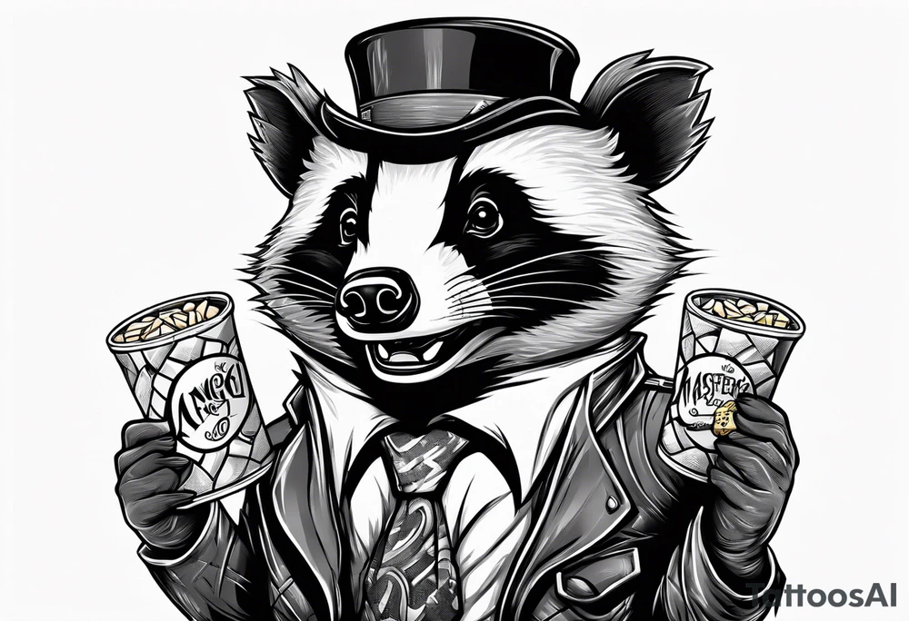 Angry badger with mouth open holding bag of chips tattoo idea