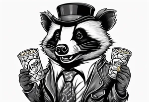 Angry badger with mouth open holding bag of chips tattoo idea