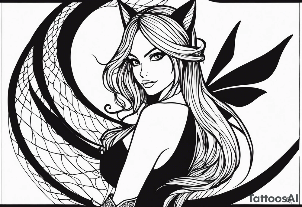 A fairy with a tail inspired by the logo of the show called Fairy Tail leaning in with her body tattoo idea