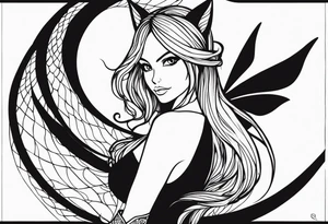 A fairy with a tail inspired by the logo of the show called Fairy Tail leaning in with her body tattoo idea