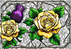 A Scottish thistle, a yellow rose and a shamrock with stems intertwined spelling KND in celtic lettering tattoo idea