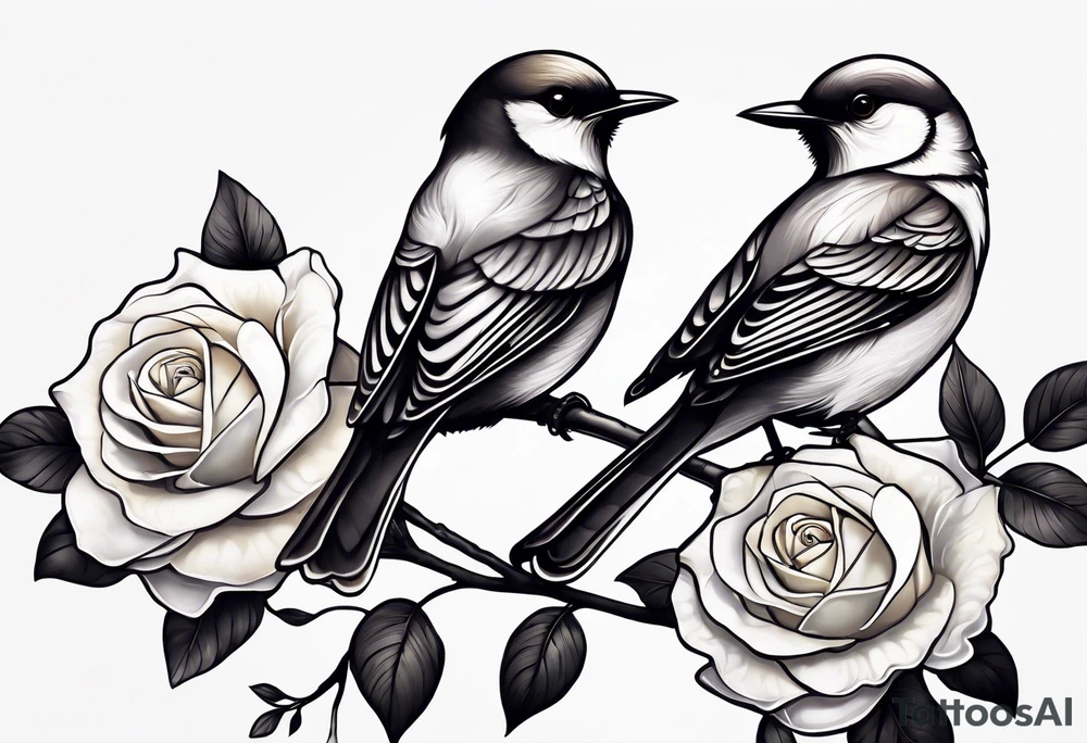 Two birds sitting on a stem of White roses, on bird is about to land next to them on the stem. tattoo idea