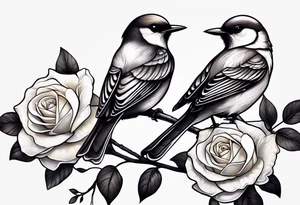 Two birds sitting on a stem of White roses, on bird is about to land next to them on the stem. tattoo idea
