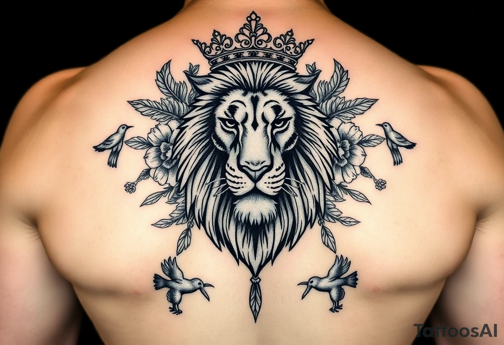 powerful majestic lion with a crown, surrounded by floral ornaments and birds tattoo idea