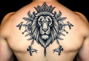 powerful majestic lion with a crown, surrounded by floral ornaments and birds tattoo idea