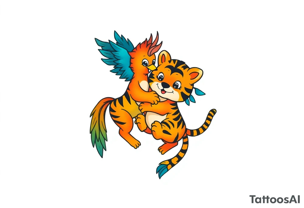 an adorable phoenix and tiger playing together. a blue and orange color scheme tattoo idea