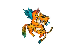 an adorable phoenix and tiger playing together. a blue and orange color scheme tattoo idea