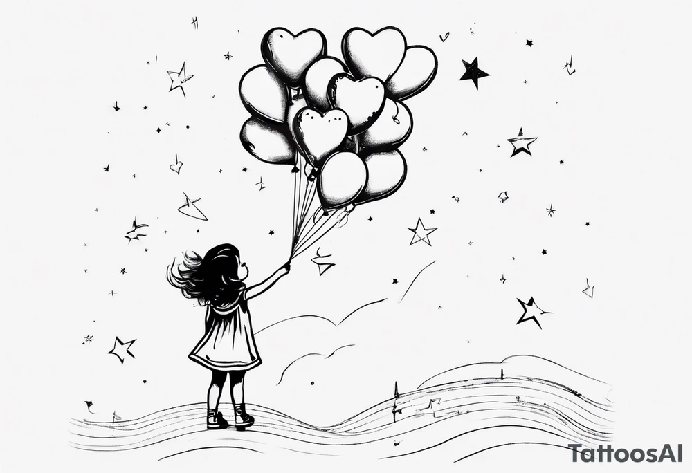 Little girl holding on to heart and star balloons and going up to the sky tattoo idea