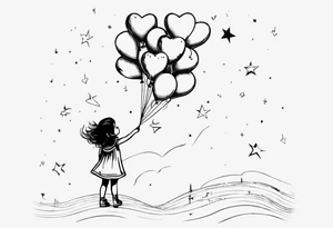 Little girl holding on to heart and star balloons and going up to the sky tattoo idea