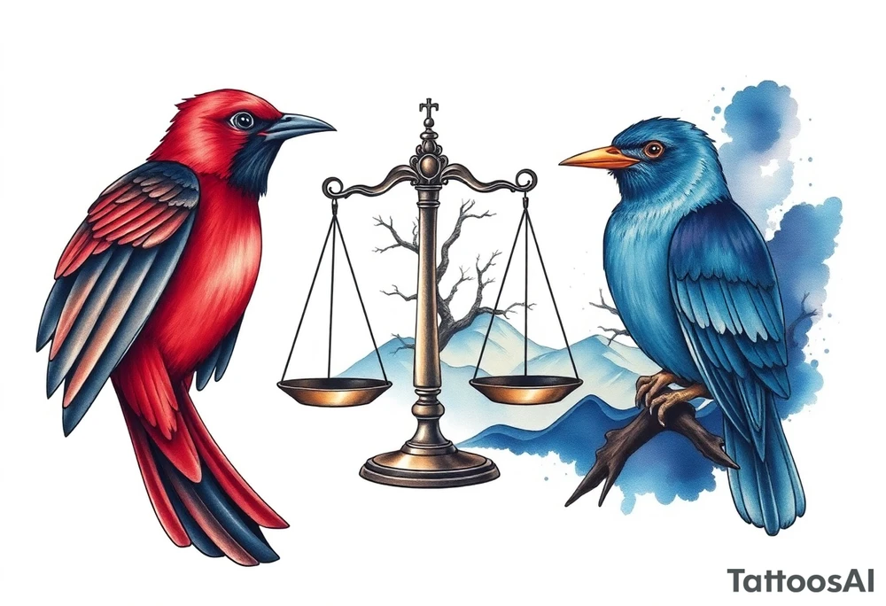 one of the birds red wearing a suit, other bird navy blue with glasses or holding a book, scales of justice built into a tree, starry night painting and mountain background tattoo idea