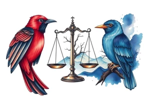 one of the birds red wearing a suit, other bird navy blue with glasses or holding a book, scales of justice built into a tree, starry night painting and mountain background tattoo idea