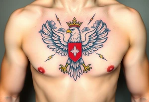 A red and white The Moravian eagle  with golden crown on its head surrounded by a storm, with dark clouds and lightning bolts tattoo idea