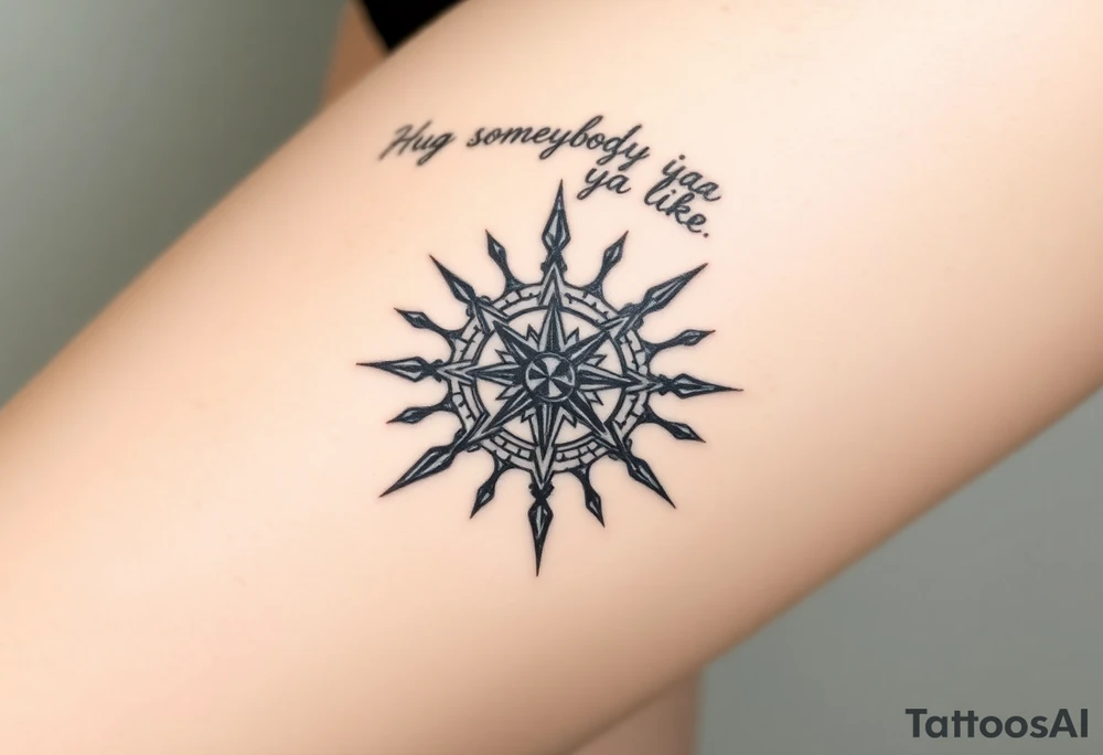 Sundial casting shadow with handwriting “Hug somebody ya like” above. tattoo idea
