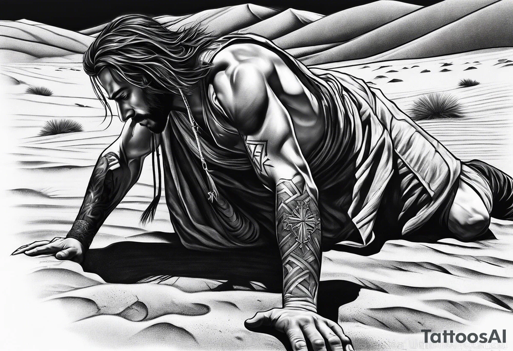 man crawling in a desert toward the cross of Christ tattoo idea