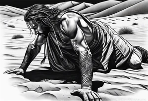 man crawling in a desert toward the cross of Christ tattoo idea