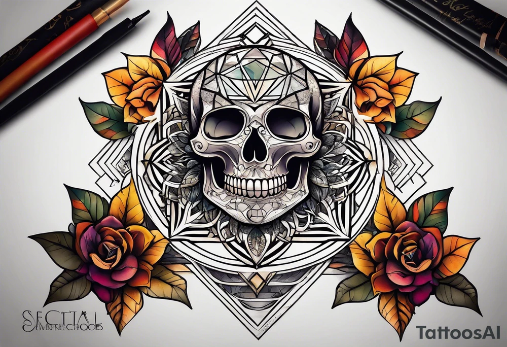 knee tattoo with sacred geometry, skull, swirls & washes in background in fall colors tattoo idea