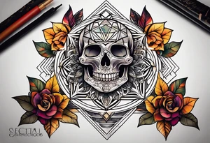 knee tattoo with sacred geometry, skull, swirls & washes in background in fall colors tattoo idea