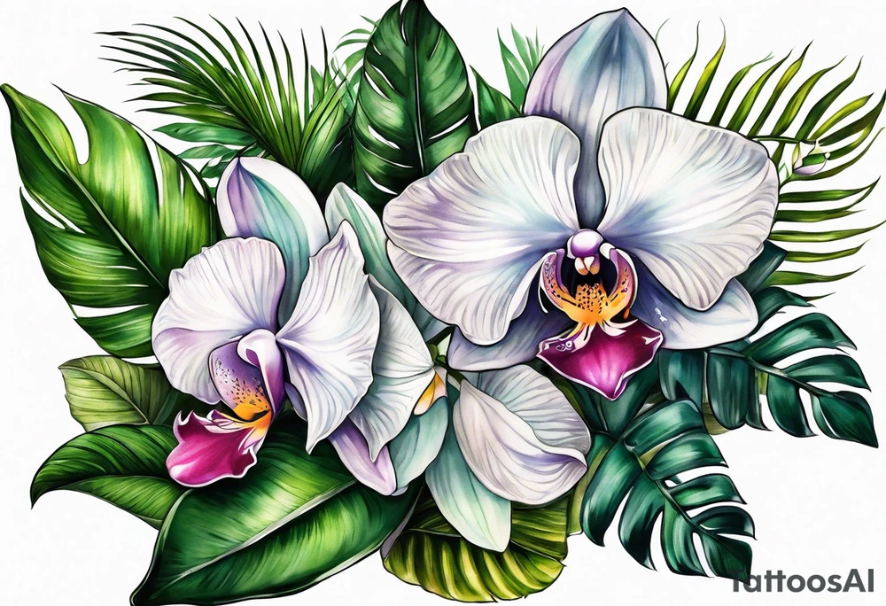 Tropical foliage and orchids tattoo idea