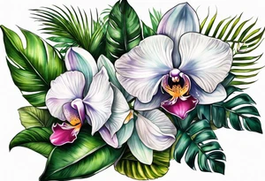Tropical foliage and orchids tattoo idea