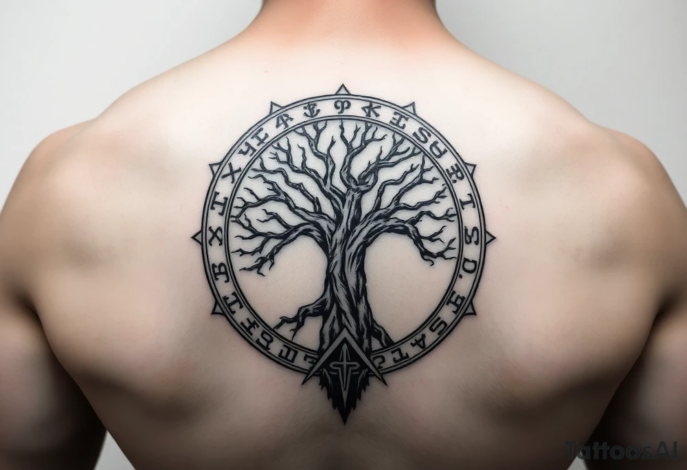 yggadrisl tree of life with circle of runes tattoo idea