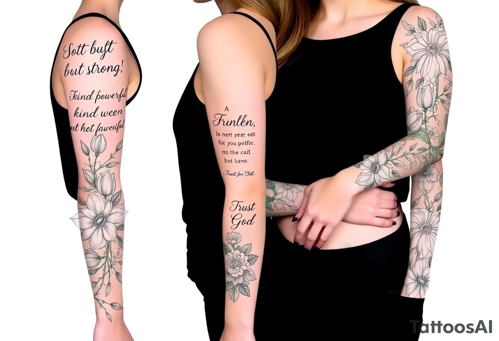 🌿


They are all connected 
 Right Arm Sleeve
	•	Top shoulder: “Soft but strong, kind but powerful.”
→ Wrapped with light olive vines
	•	Mid-arm: Peonies, lilies, tulips (your favorites)
→ Optional red ink in petal accents
	•	Lower arm/wrist: Vine wrap
→ Script: “Trust God”
	•	Style: Light, flowing, fine-line — NOT bold or filled-in

⸻

🌸 Spine Tattoo & Flow
	•	Already present floral spine tattoo
	•	New elements will connect from your sleeve, flow down from the right shoulder, lightly wrapping into your back
	•	Inspired by the reference with floral script diagonally across the spine
	•	Optional soft red ink details to enhance movement

⸻

🍑 Left Thigh + Butt
	•	Quote: “A garden of her own”
→ Placed on side of butt, flowing from lower back
	•	Floral extension down the thigh — tulips/peonies
	•	Minimal, romantic, fine-line

⸻ tattoo idea