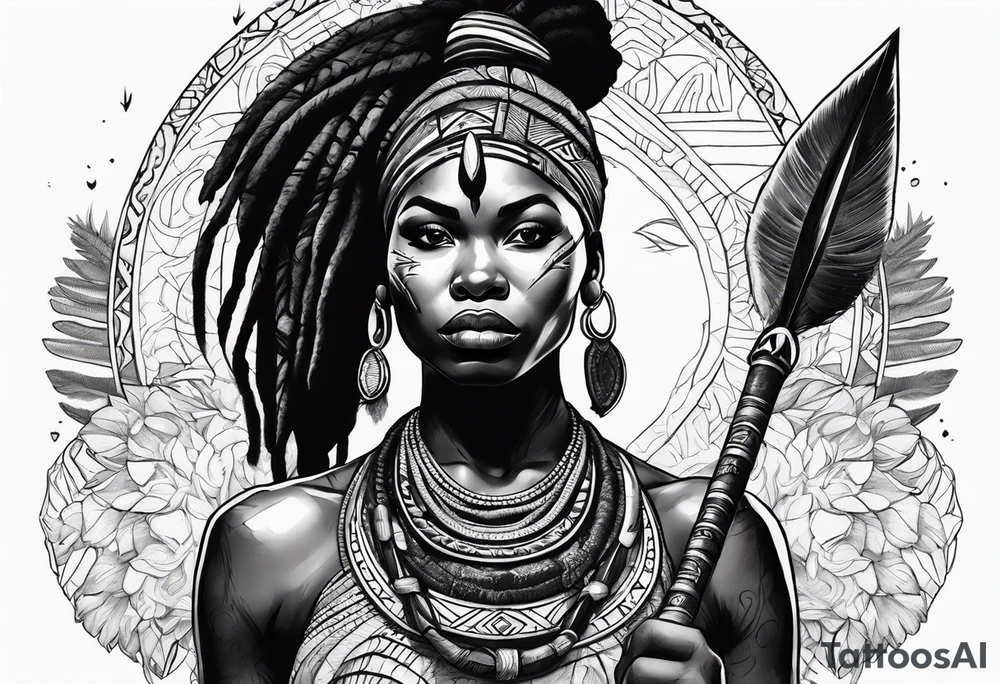 African woman warrior with tribe scars holding a spear with animals in the background tattoo idea