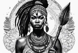 African woman warrior with tribe scars holding a spear with animals in the background tattoo idea
