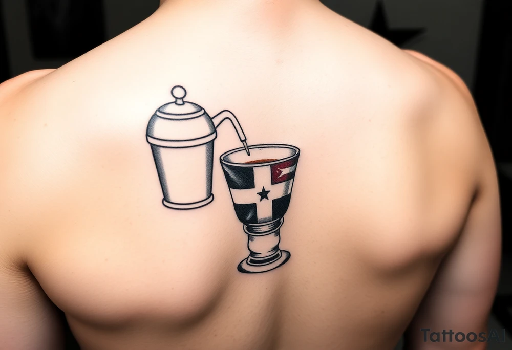 A simple stovetop espresso maker with a Dominican flag, tipped to pour coffee into a small Cuban coffee glass with a Cuban flag. Using shading to make the tattoo pop. tattoo idea