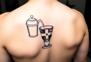 A simple stovetop espresso maker with a Dominican flag, tipped to pour coffee into a small Cuban coffee glass with a Cuban flag. Using shading to make the tattoo pop. tattoo idea