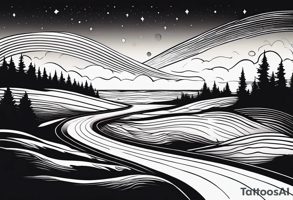 Design: A winding path leading toward a distant aurora in the sky, with soft waves of color representing the Northern Lights. Along the path, you could depict twilight slowly transitioning to dawn, symbolizing growth and progress. tattoo idea