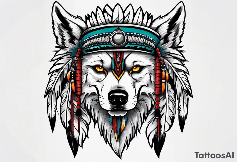 Half skull half wolf face with native war bonnet tattoo idea