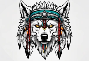 Half skull half wolf face with native war bonnet tattoo idea