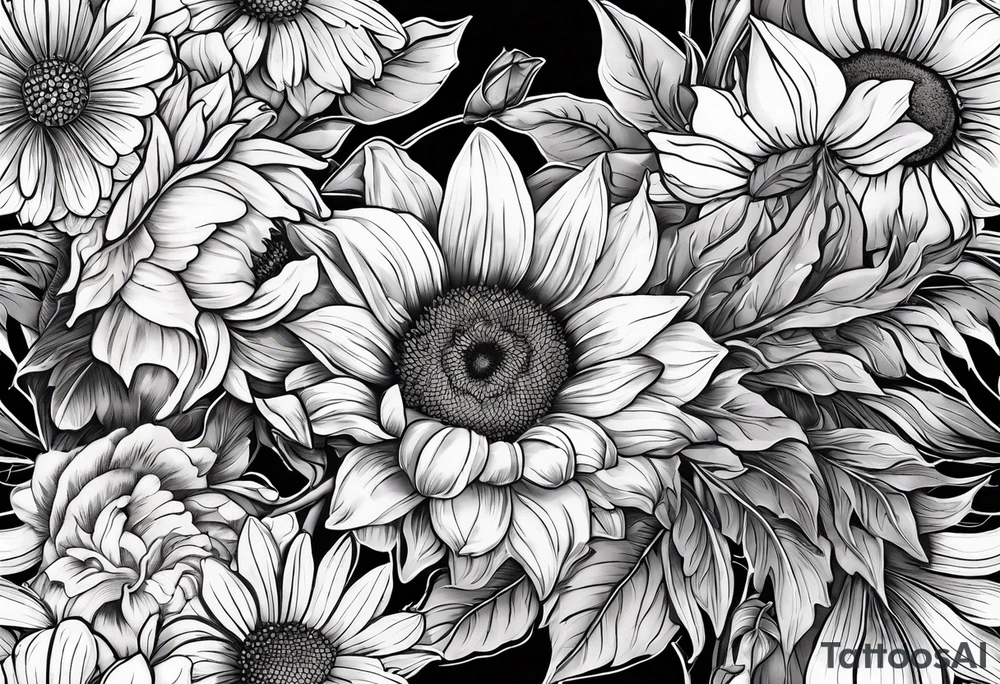 Sunflower daffodil, daisy, rose, Adler, chrysanthemum, holly tattoo idea