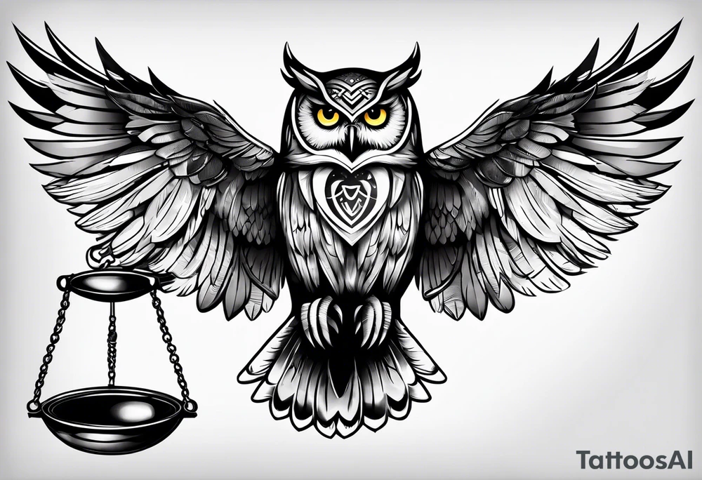 owl flying with libra scale tattoo idea