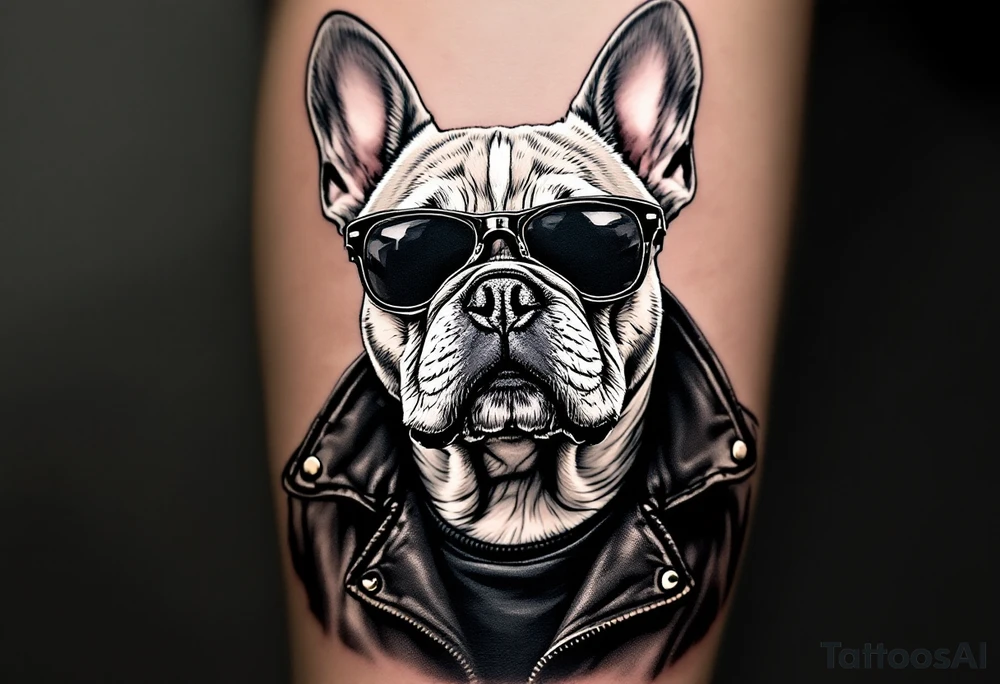 French Bulldog with sunglasses and a leather jacket, looking cool and stylish, light cream coat with dark lenses and black outfit. tattoo idea