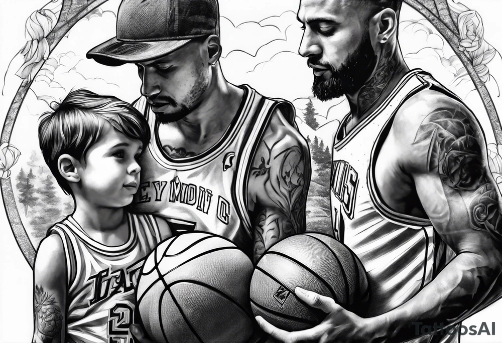 Dad playing basketball with 2 kids tattoo idea