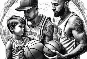 Dad playing basketball with 2 kids tattoo idea