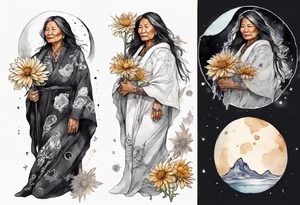 a beautiful 50-year-old Anishinaabe woman wearing black and white robes standing on the moon with a chrysanthemum tattoo idea