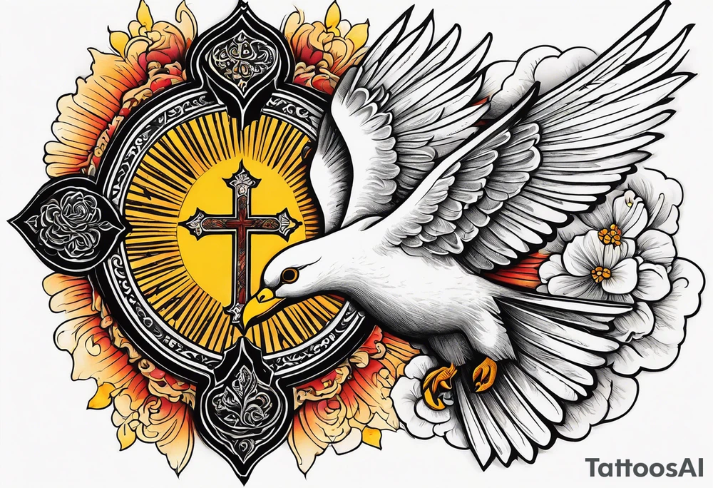 Forearm tattoo cross with rays of sun and doves flying with a Bible verse Jeremiah 29:11 tattoo idea