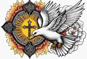 Forearm tattoo cross with rays of sun and doves flying with a Bible verse Jeremiah 29:11 tattoo idea