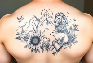 In beautiful heavenly mountain scene with streams and lakes a majestic lion interacts and protects a dove, a lamb,  a sunflower, a harp, a golden nugget, an ancient hammer, a crown, and honeybees tattoo idea