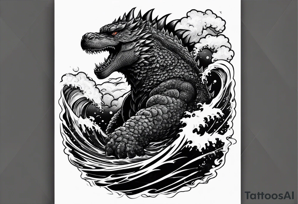 Legendary Godzilla in the ocean tattoo idea