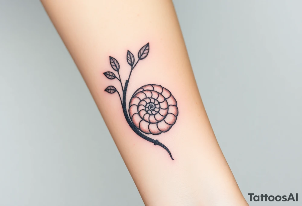 Fibonacci spiral shell inside of tree with leaves tattoo idea