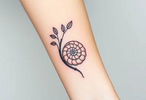 Fibonacci spiral shell inside of tree with leaves tattoo idea