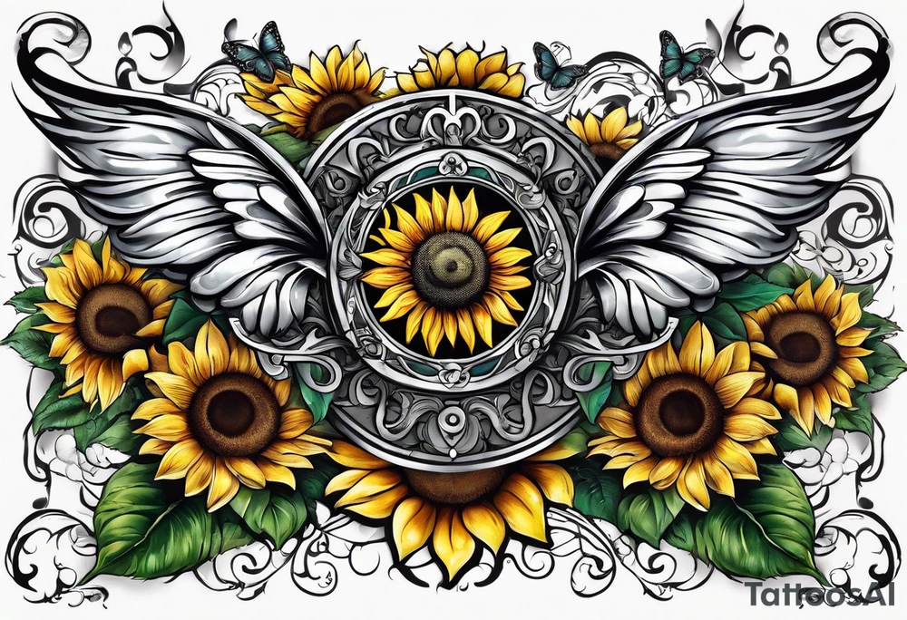 Arm sleeve with Winged cross with sunflower and butterflies tattoo idea