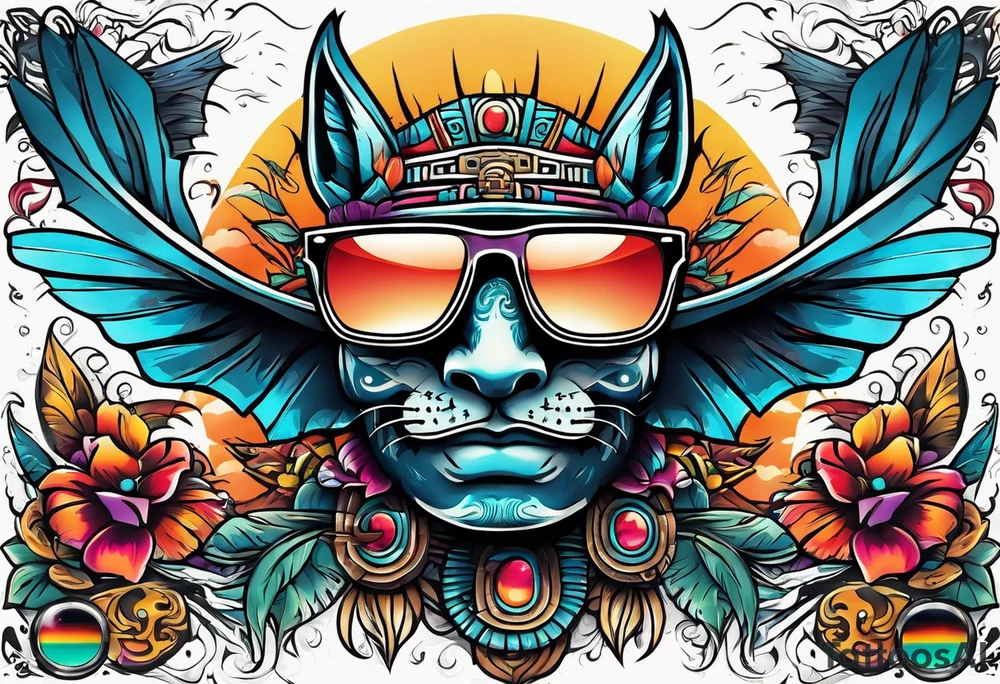 Colorful Mayan hieroglyph wearing sunglasses with bats and water tattoo idea
