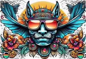 Colorful Mayan hieroglyph wearing sunglasses with bats and water tattoo idea