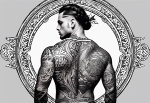 An aesthetic tattoo that is placed on the upper back of a male. It should represent catholic religion, discipline, pain, bodybuilding. tattoo idea