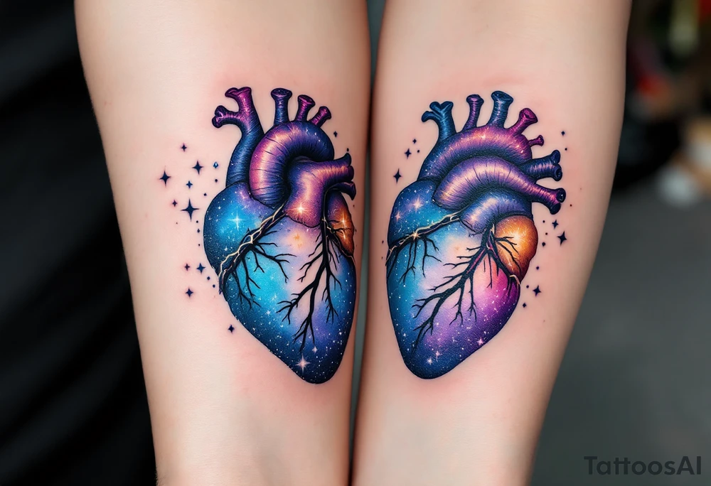Blue and purple galaxy anatomical hearts matching across both upperarms, symbolizing cosmic connection. tattoo idea