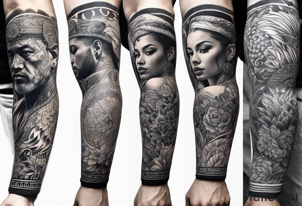 arm sleeve tattoo, cultural tattoo idea